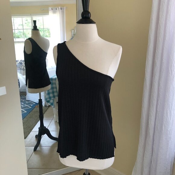 Club Monaco Black Ribbed One Shoulder Stretchy Tank Top SP NWOT - Picture 2 of 9